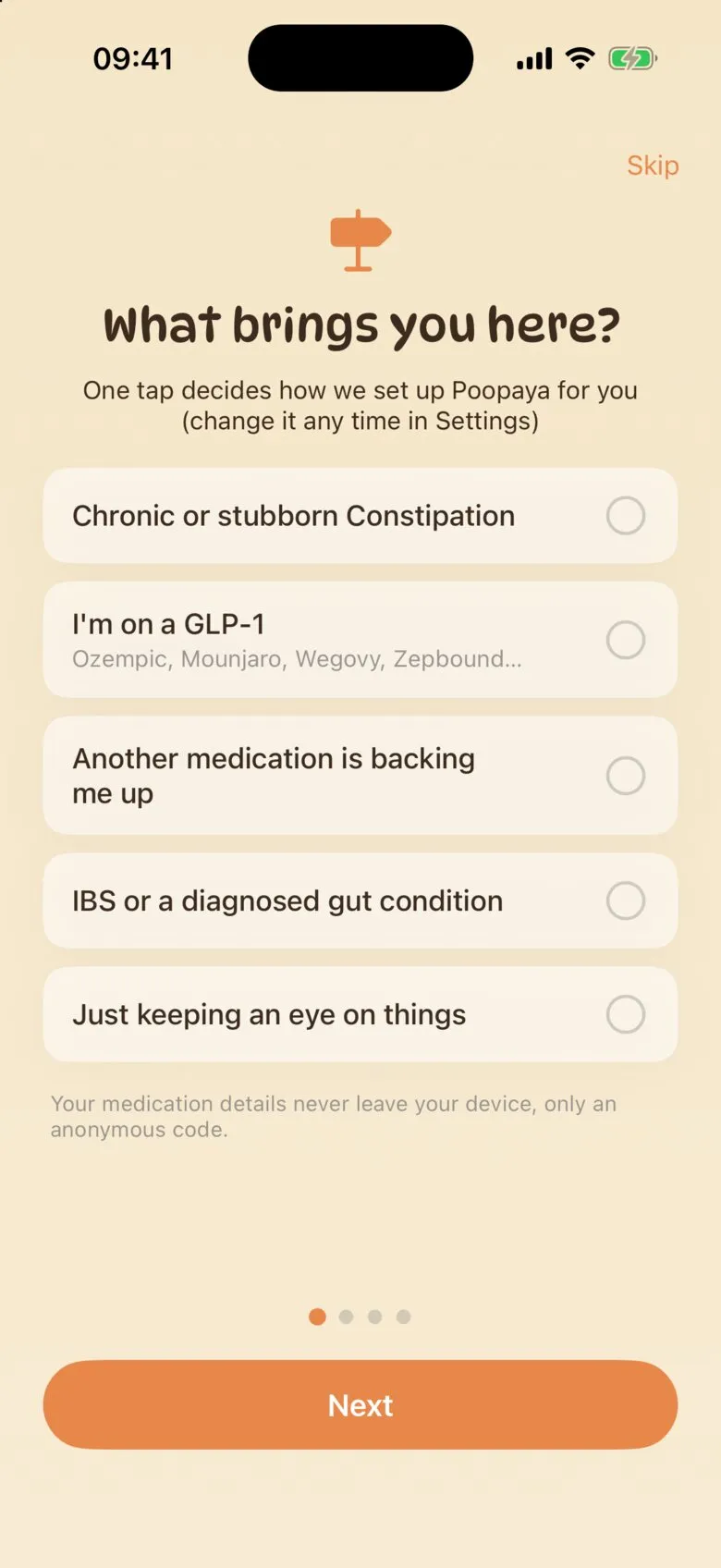 The first setup screen, What brings you here?, with five answers to choose from.