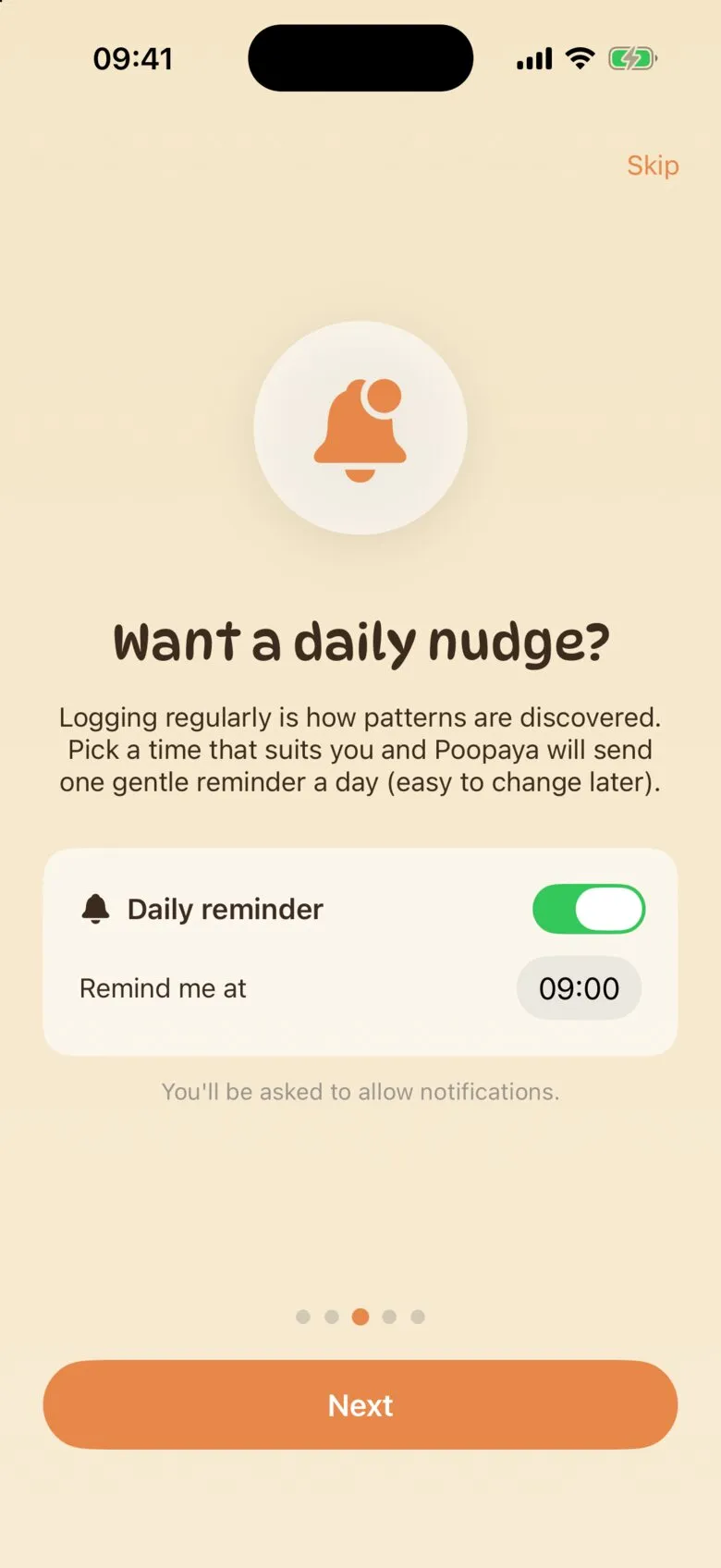 The Want a daily nudge? screen with the Daily reminder switch on and a reminder time of 09:00.