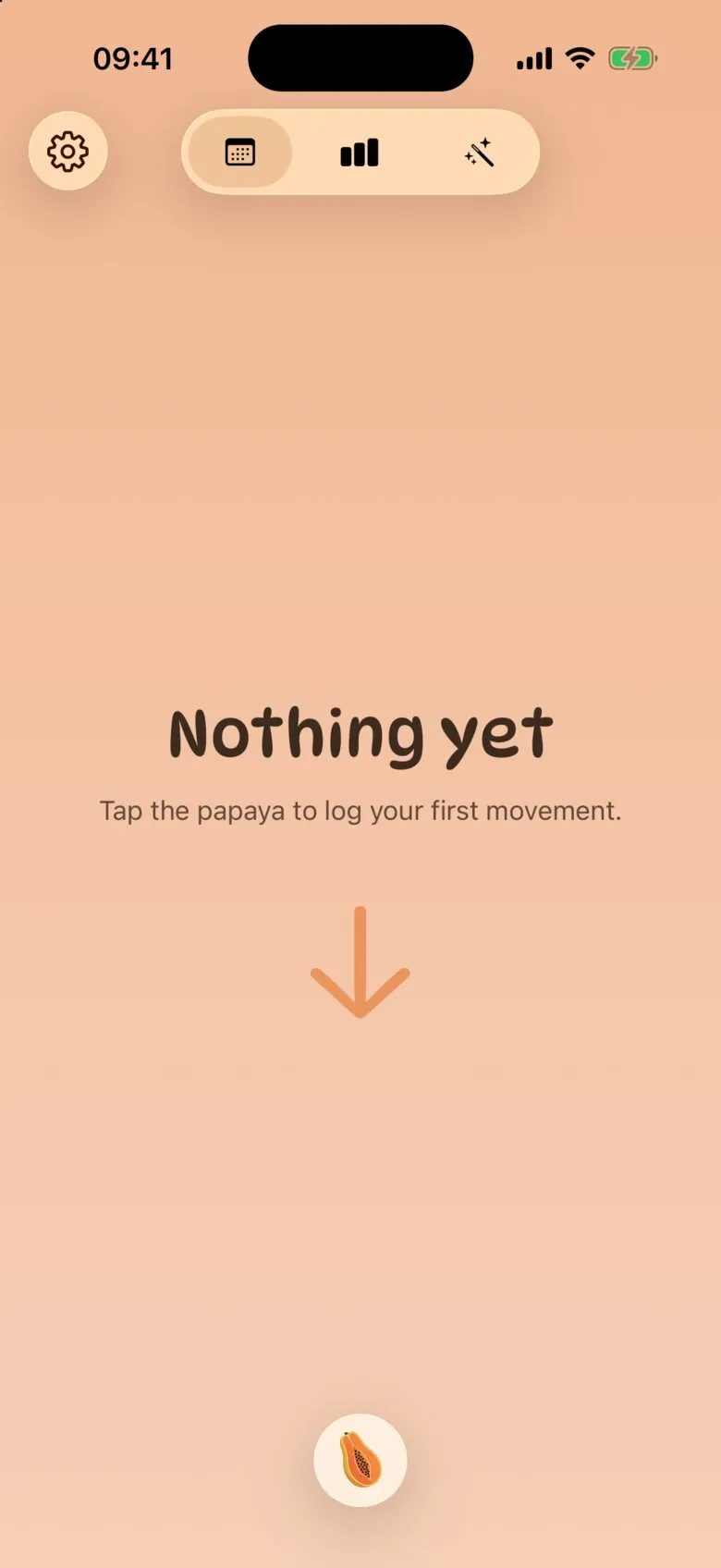 An empty History screen that says Nothing yet, with an arrow pointing to the papaya button.
