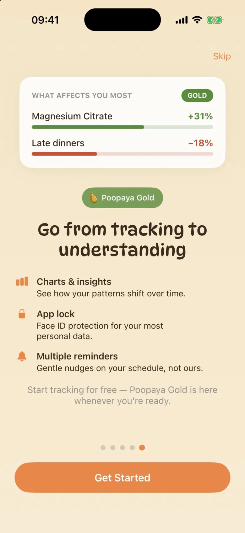 The last setup screen, describing Poopaya Gold, with a Get Started button.
