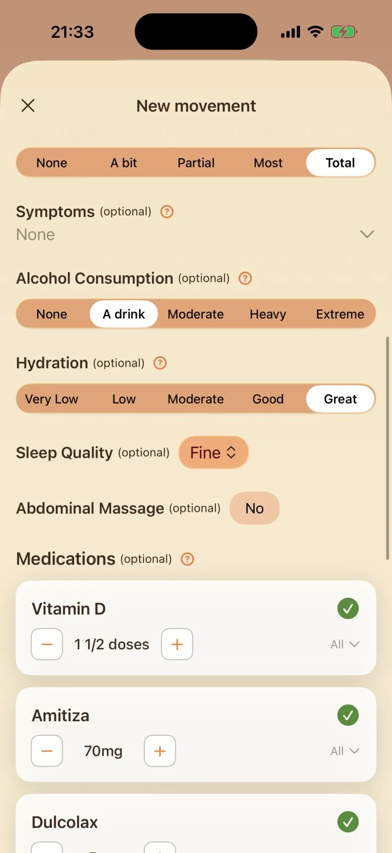 The optional part of the form: Symptoms, Alcohol Consumption, Hydration, Sleep Quality, Abdominal Massage and Medications.