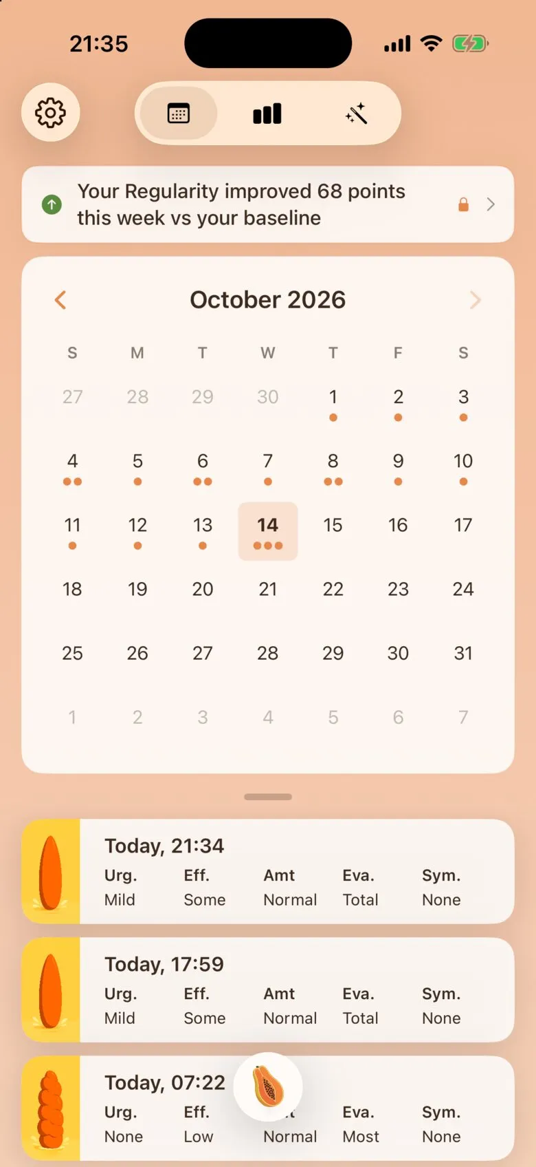 The History screen with the new movement at the top of the list.
