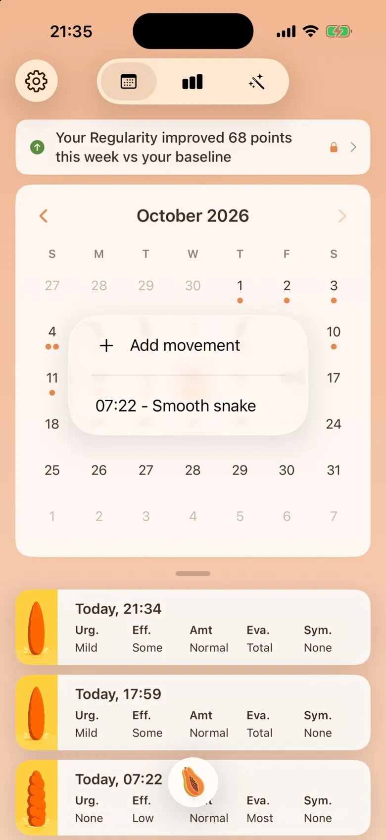 The History calendar with a day pressed and held, showing an Add movement button.