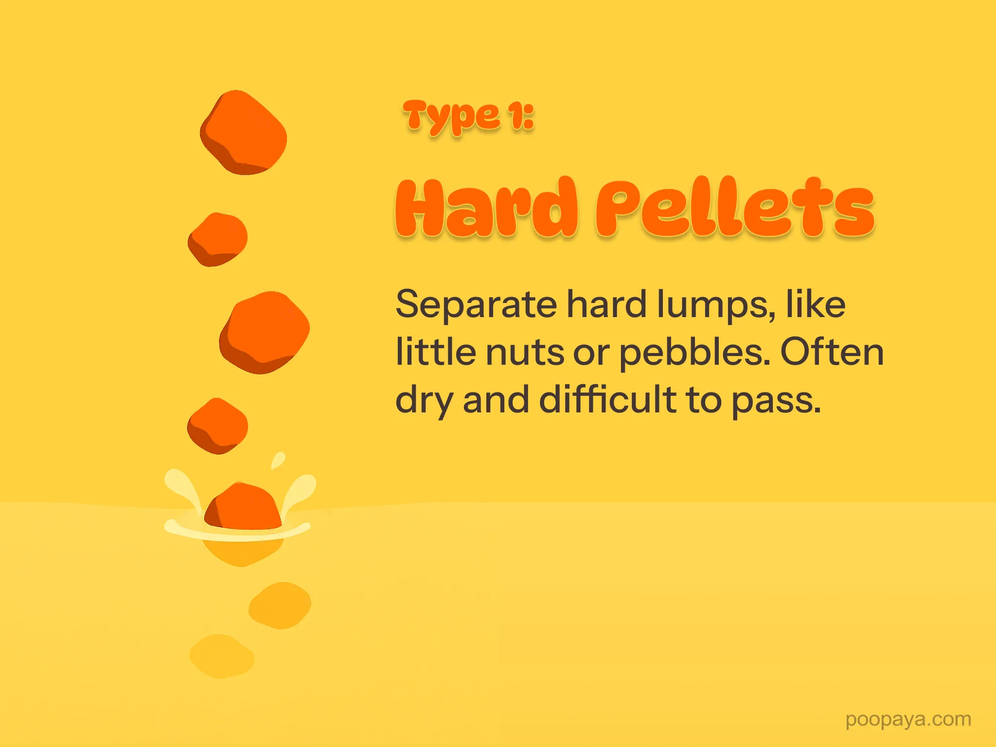 Bristol stool type 1 illustration: hard pellets — separate hard lumps like little nuts or pebbles, often dry and difficult to pass