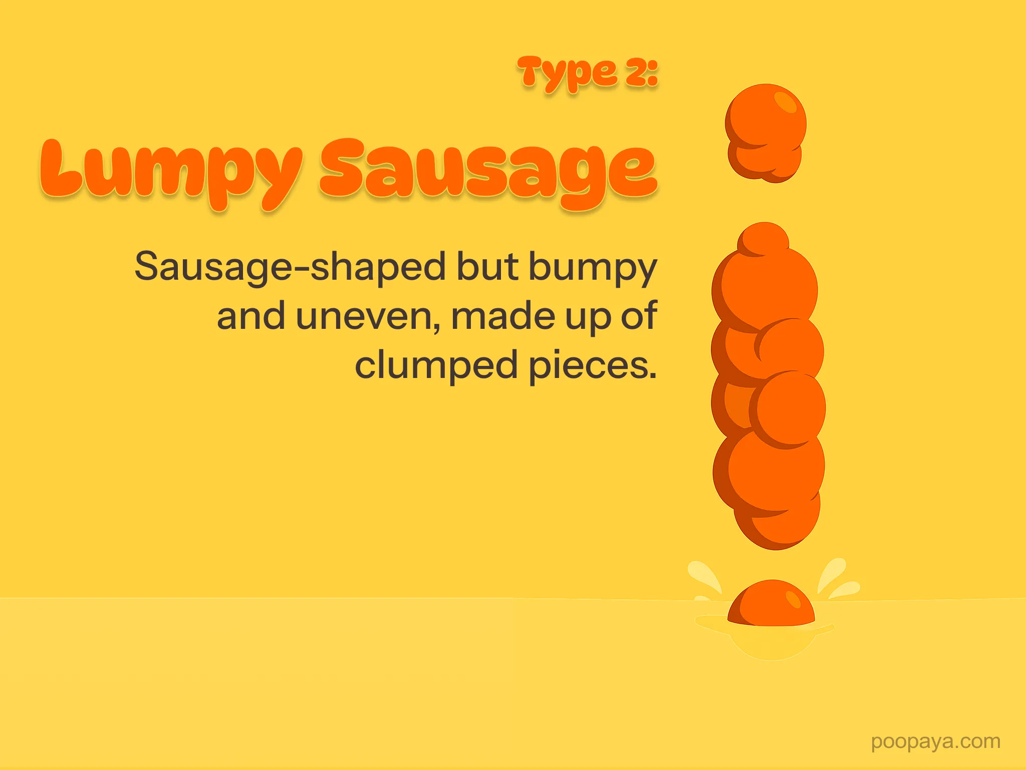 Bristol stool type 2 illustration: lumpy sausage — sausage-shaped but bumpy and uneven, made up of clumped pieces