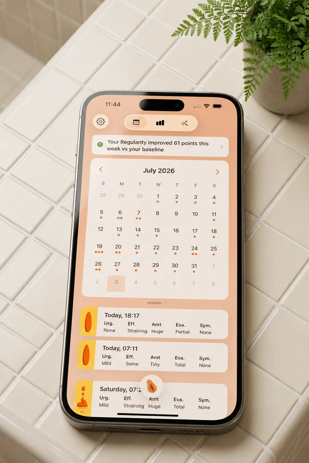 Poopaya app showing a calendar view with tracked bowel movements
