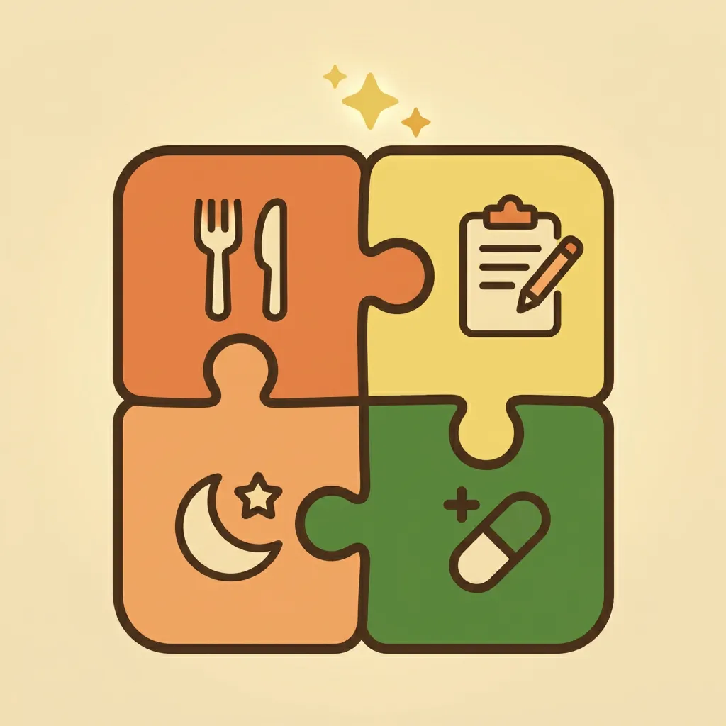 Puzzle pieces representing diet, sleep, medication, and symptom tracking